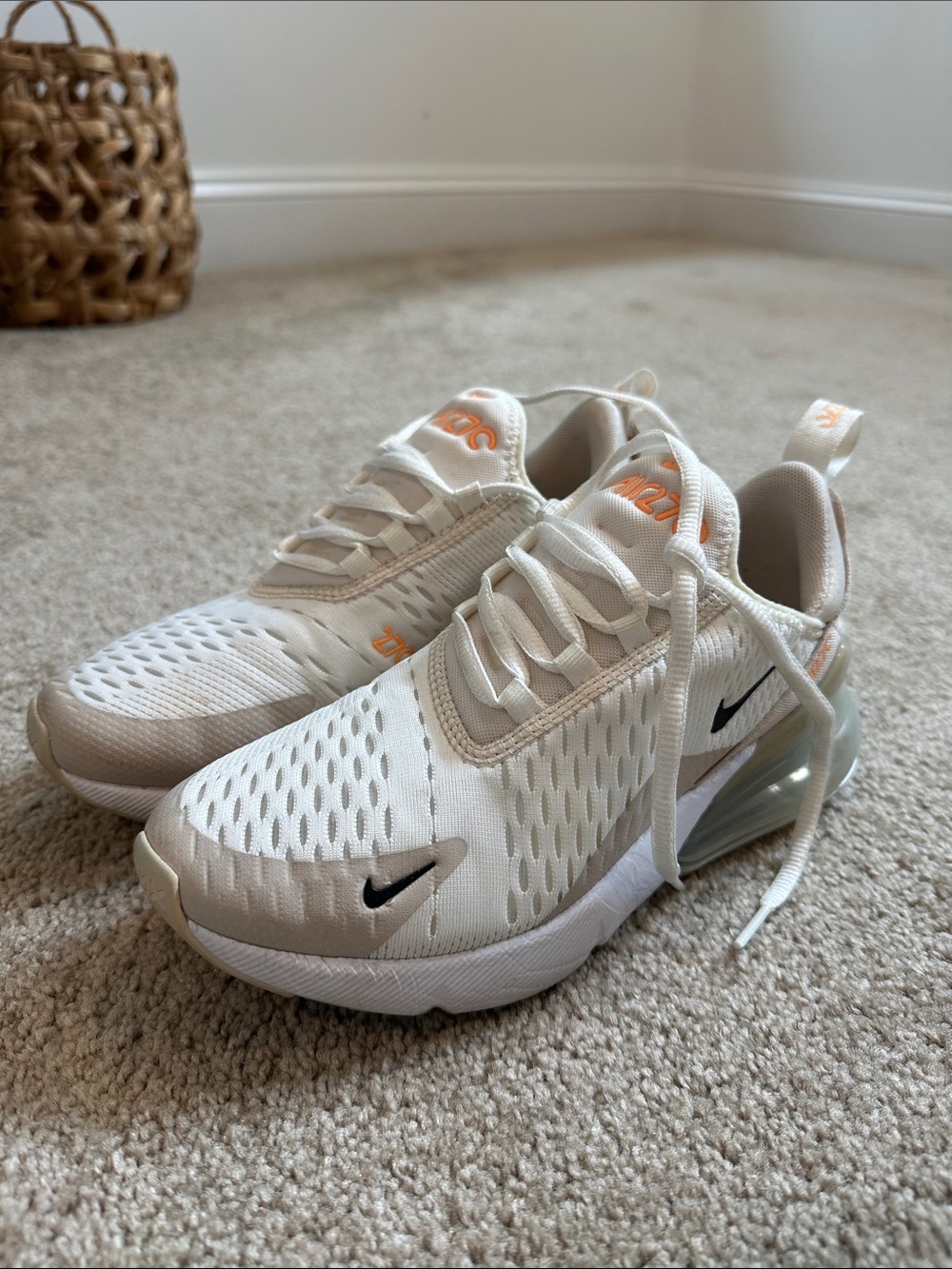 Nike Kids White and Beige Sneakers with Black Swoosh and Orange Accents